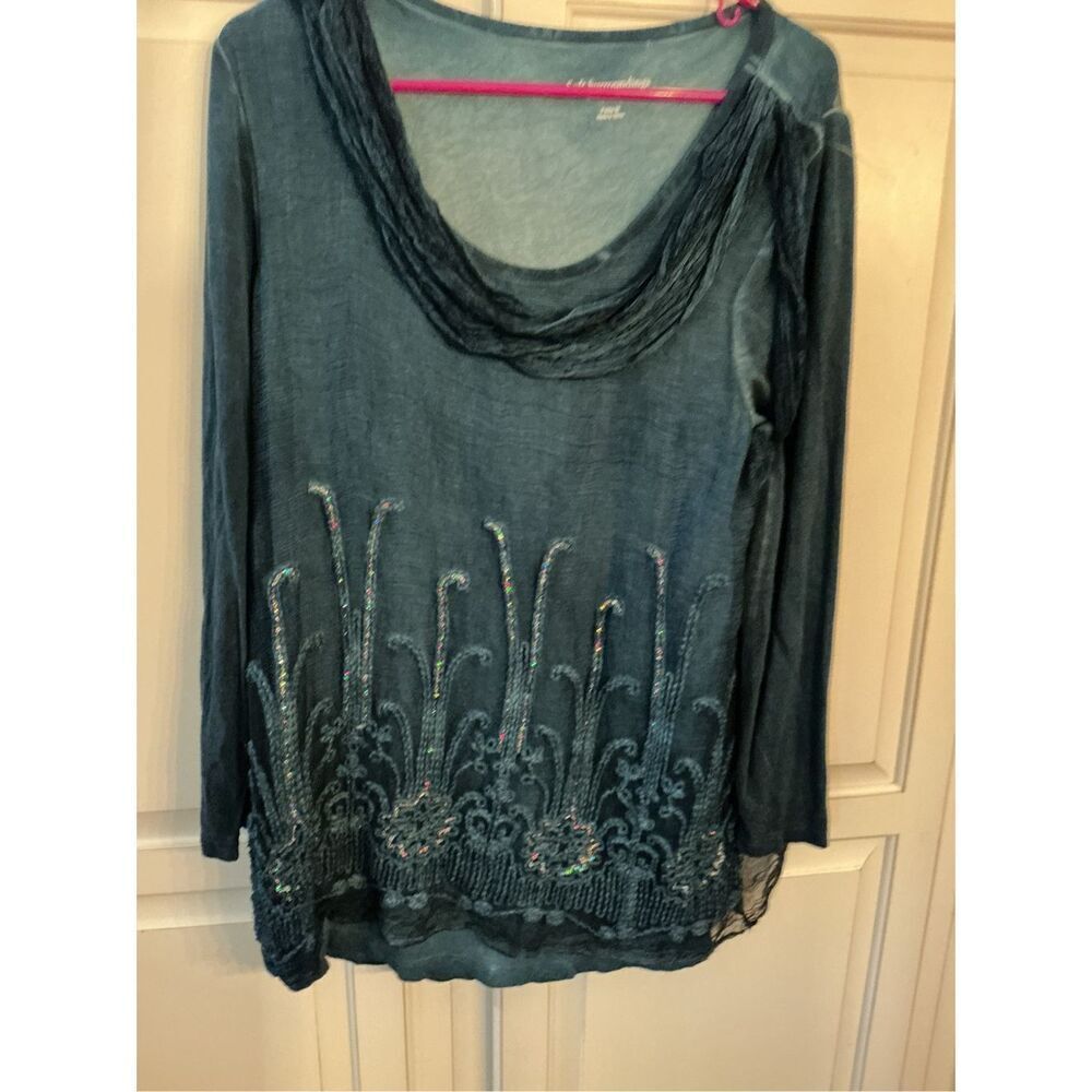 Soft Surroundings 100% Silk Sz M Teal Tunic Sequins Embroidery